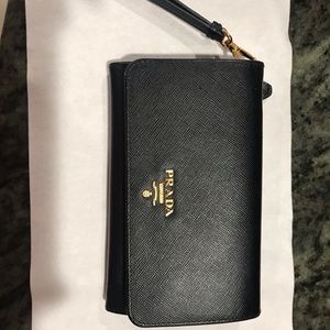 Prada Saffiano Leather Wristlet Strap Black Wallet